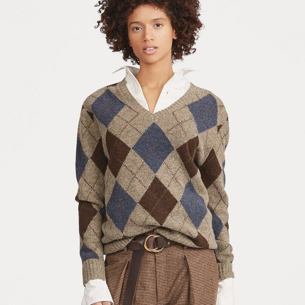 Polo Ralph Lauren V-Neck Wool Argyle Sweater in Grey MU Size XS/TP NWT